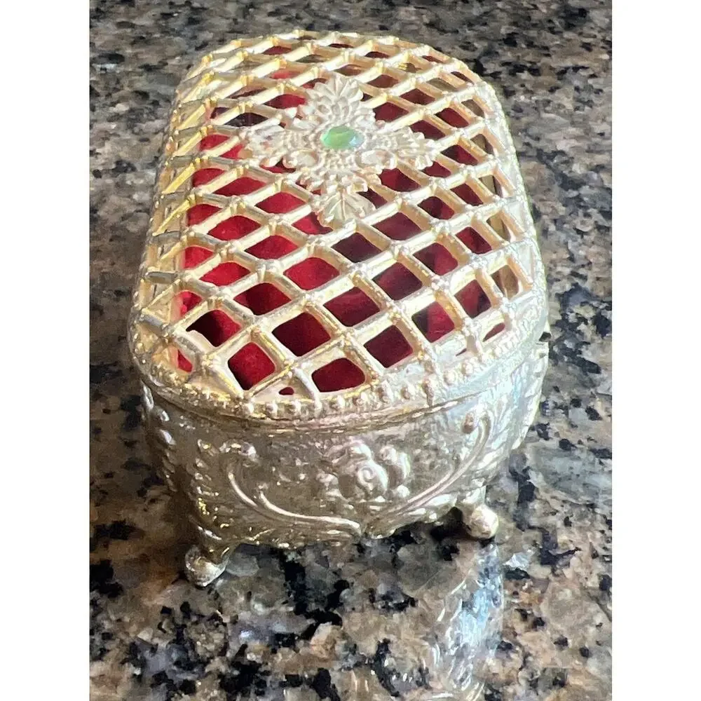 Vtg Embossed Footed Trinket Jewelry Box Red Velvet Lined Japan